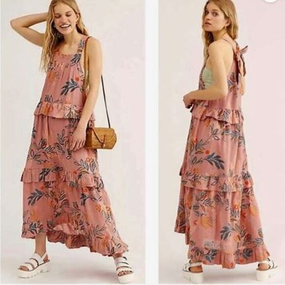 Free People Anita Desert Rose Combo Floral Ruffled Tiered Maxi Dress Size M - Picture 1 of 5